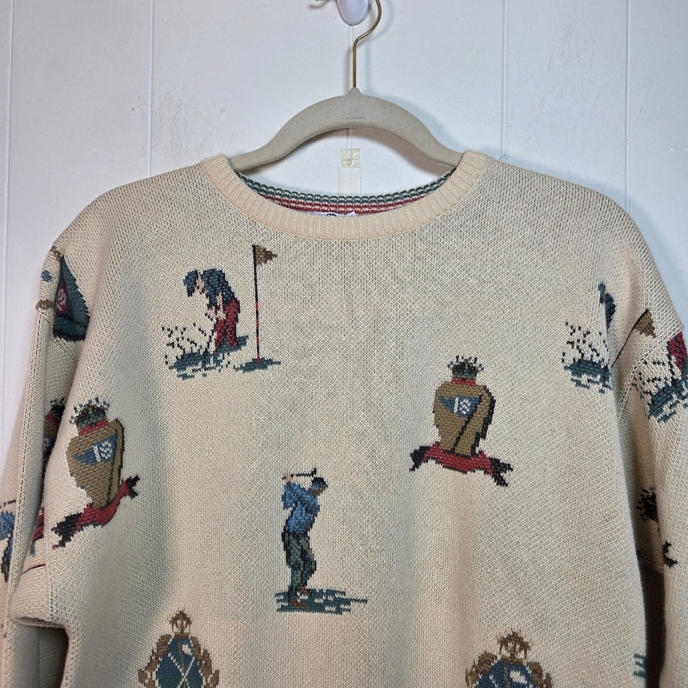 Vtg Neiman Marcus Cotton Golf Print Sweater Size Large Union Made Made In USA - Picture 6 of 16